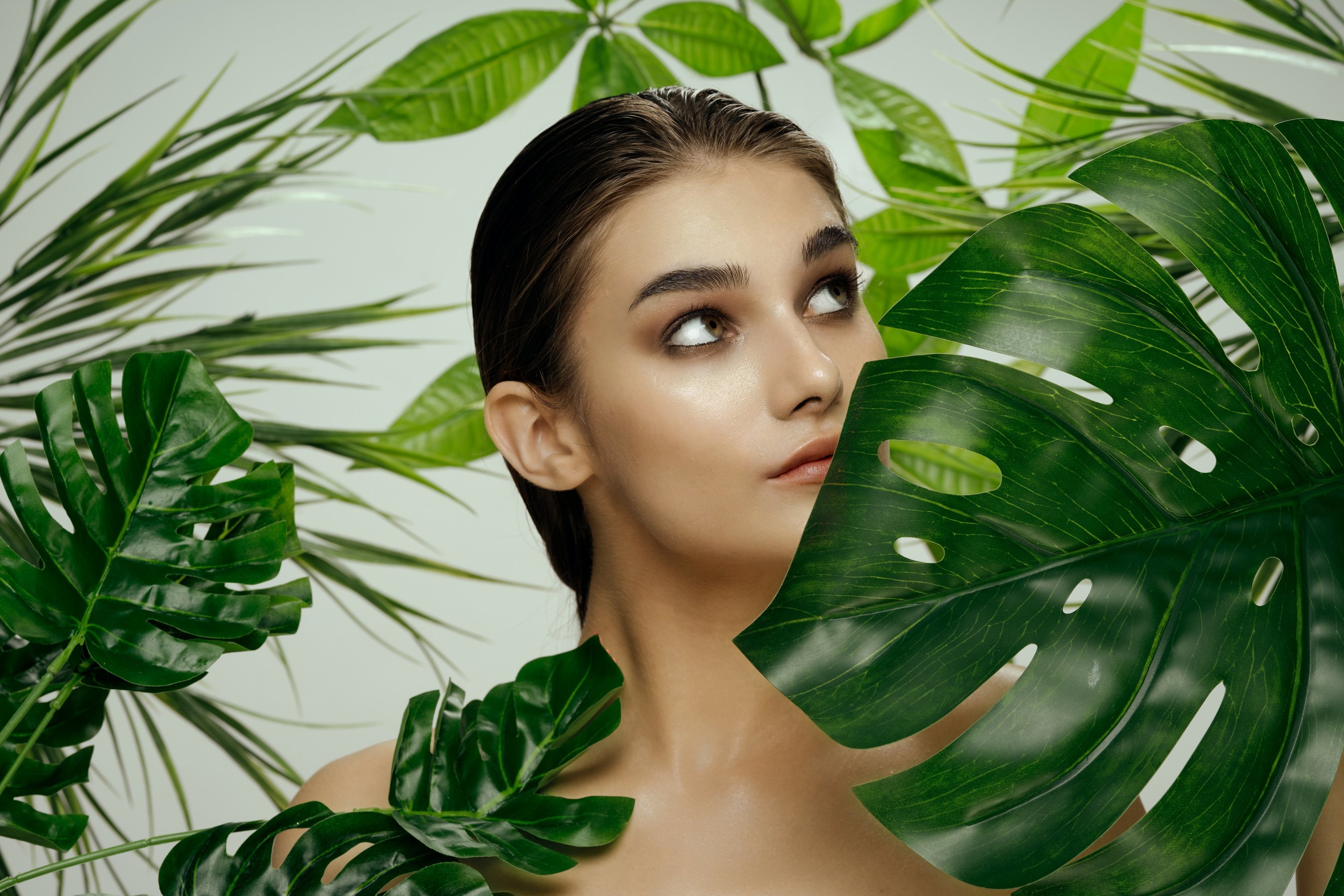 Clean Skin Beautiful Woman Cosmetology Green Palm Tree.